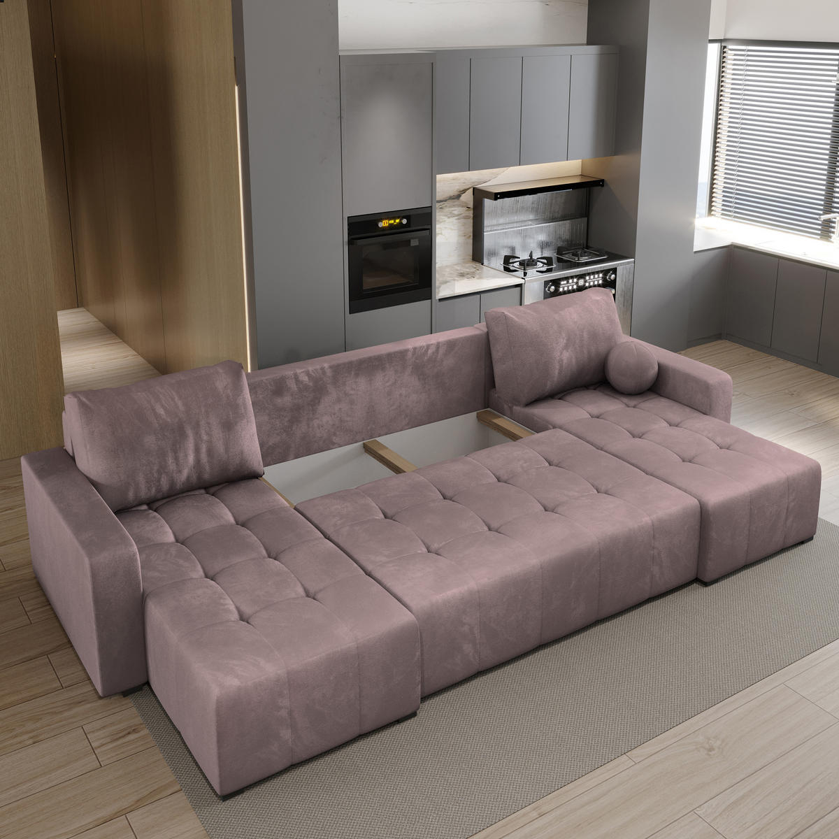 WOHNLANDSCHAFT TOLARI Rosa Plüsch-Stoff mit Schlaffunktion - Rosa, Holz (295/85/140cm) - MASSENO