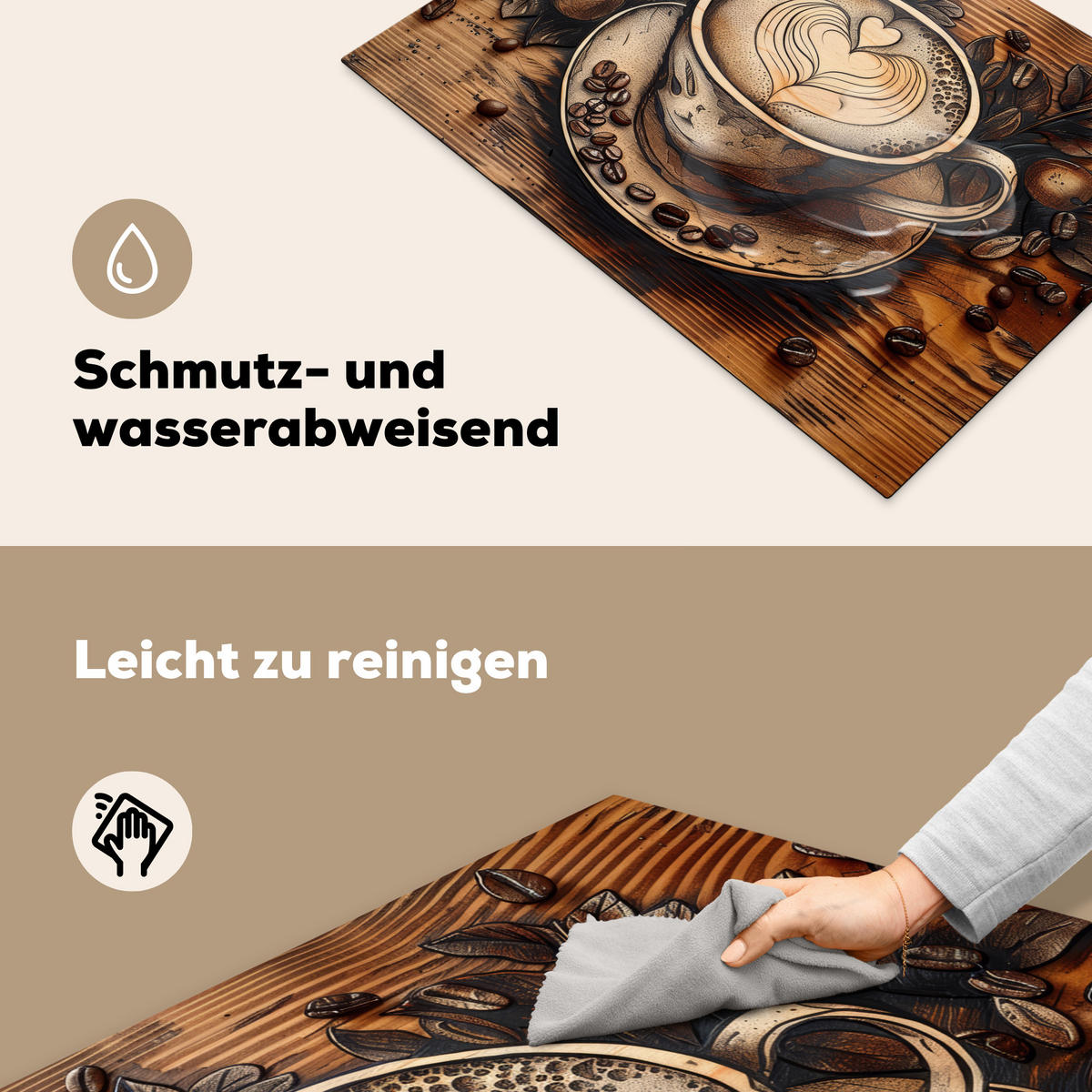 HERDABDECKPLATTE Kaffee - Vintage - Braun - Tasse - Holz Herdabdeckung Induktionsfeld 75x52 cm - Cappuccino, Kunststoff (75/52/0.2cm) - MuchoWow