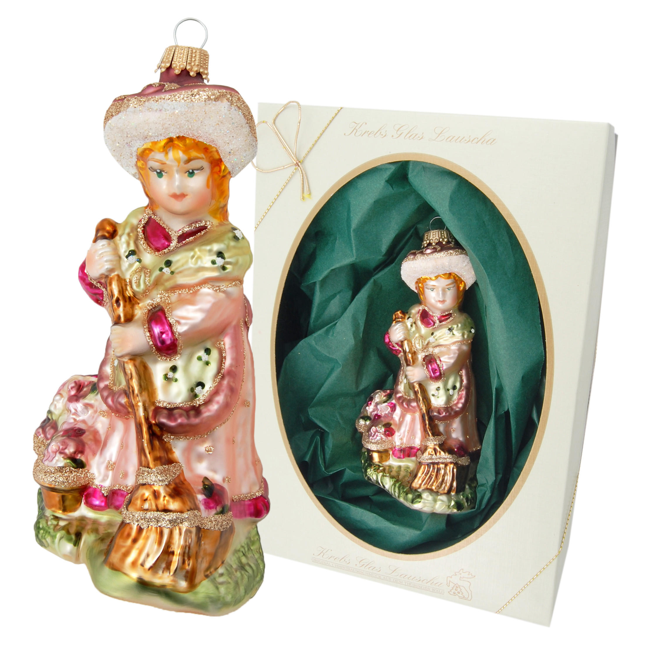 CHRISTBAUMSCHMUCK Biedermeier Mädchen mit Besen Rosa 13cm (Glas / 1 Stk.) - Rosa, Glas (7/13/6cm) - Krebs Glas Lauscha