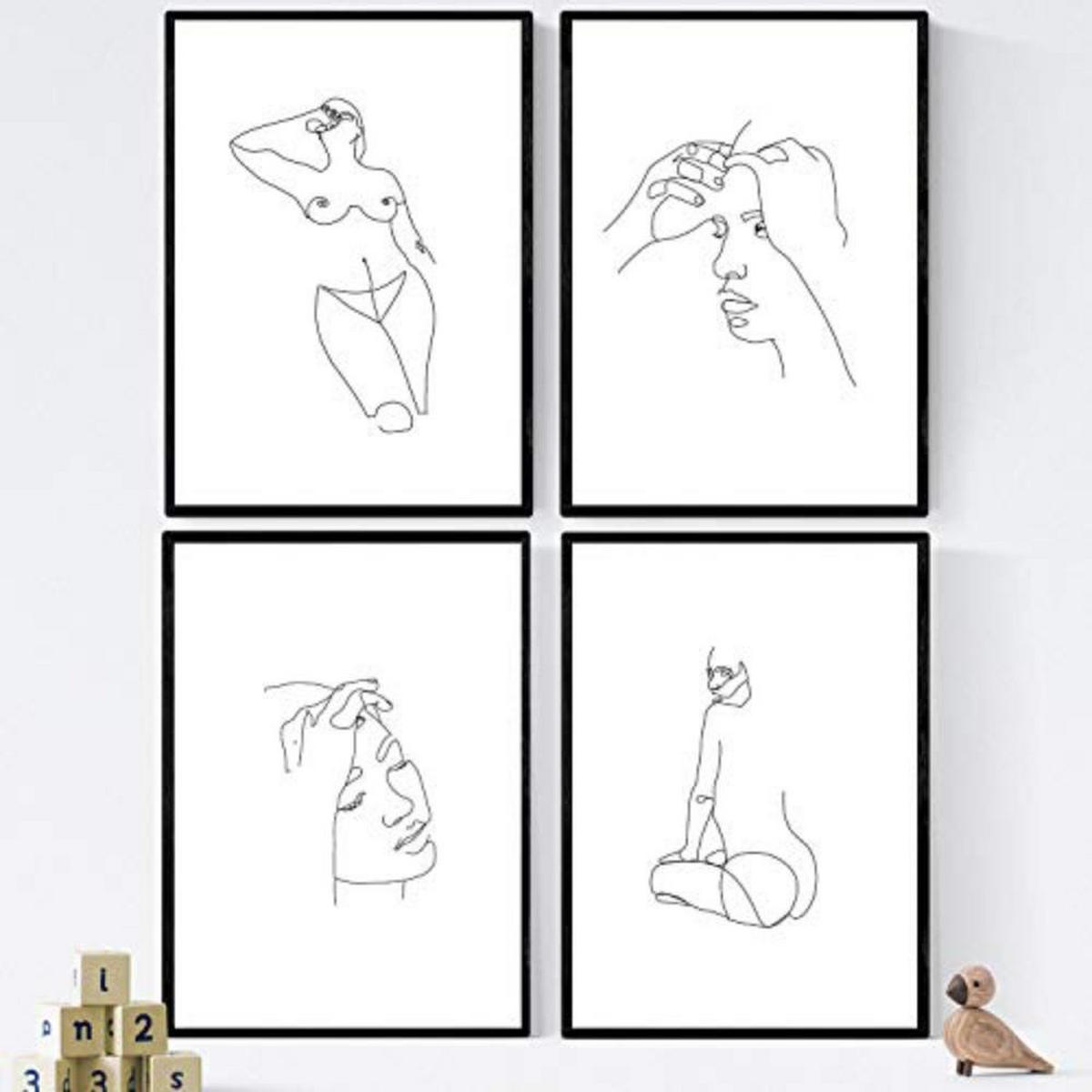 POSTER Set mit 4 Gesichter und nackte Frau A3 Schwarzer Rahmen - Schwarz, Papier (29.7/3cm) - Nacnic