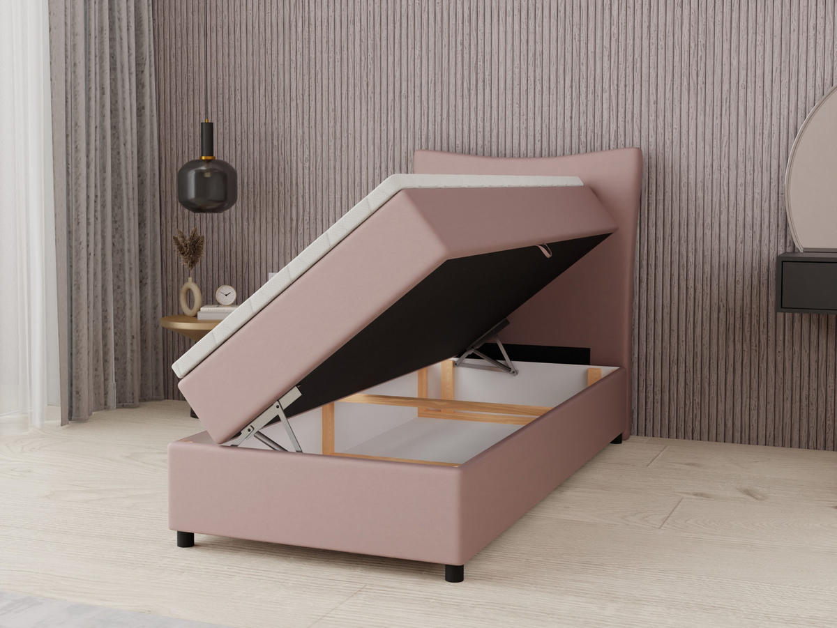 BOXBETT Nevada 90x200 cm Polsterbett mit hochwertiger Bonell-Matratze und Topper - rosa - Rosa, Holz (90/200cm) - Panda Möbel