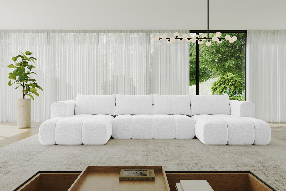 WOHNLANDSCHAFT Ottomane Links CLOUD-U 414x180x40 Weiß Bouclé - Weiß, Holzwerkstoff/Kunststoff (414/90/180cm) - ALTDECOR