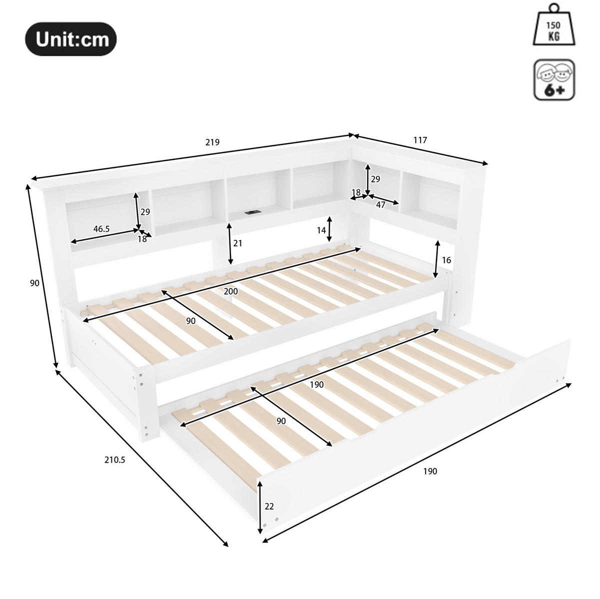 AUSZIEHBETT 90/200 cm Weiß mit Steckdose und 2 USB-Anschlüssen - Weiß, Holz (90/200cm) - Flora Grace