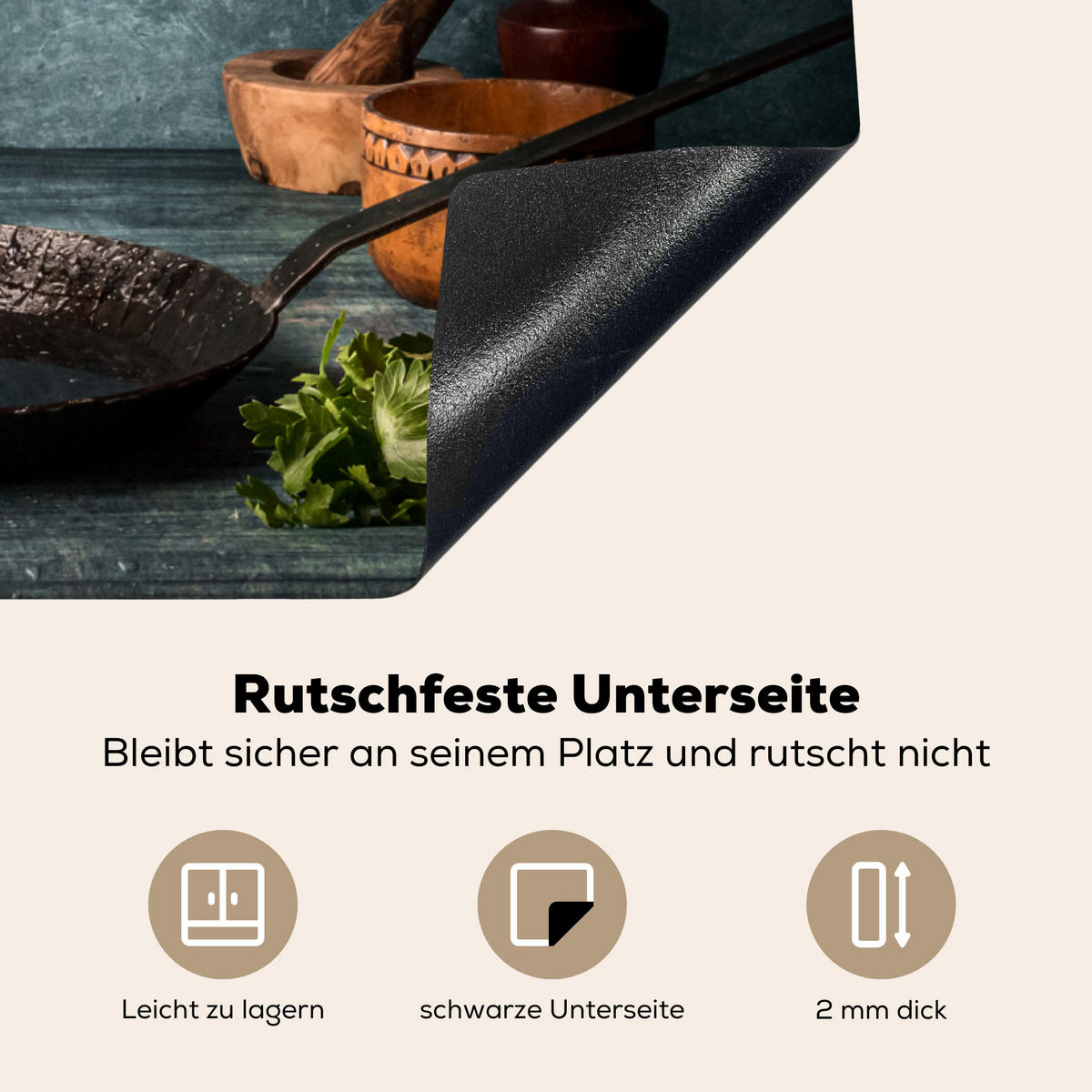 HERDABDECKPLATTE Kräuter - Gewürze - Pfanne - Messer - Grau - Rustikal Induktionsmatte 77x59 cm - Petrol, Kunststoff (77/59/0.2cm) - MuchoWow