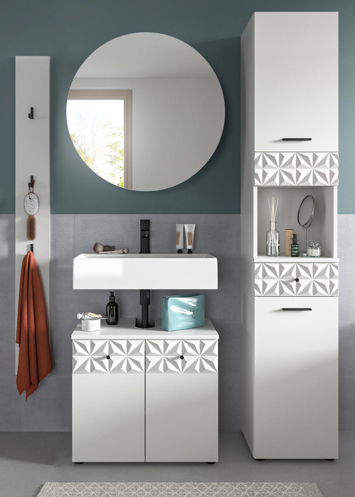 BADMÖBEL-SET weiß Hochglanz 4-teilig 150 cm, Komplettset mit 3D-Struktur - Weiß Hochglanz, Glas/Holzwerkstoff (151/187/37cm) - Inn.Furn