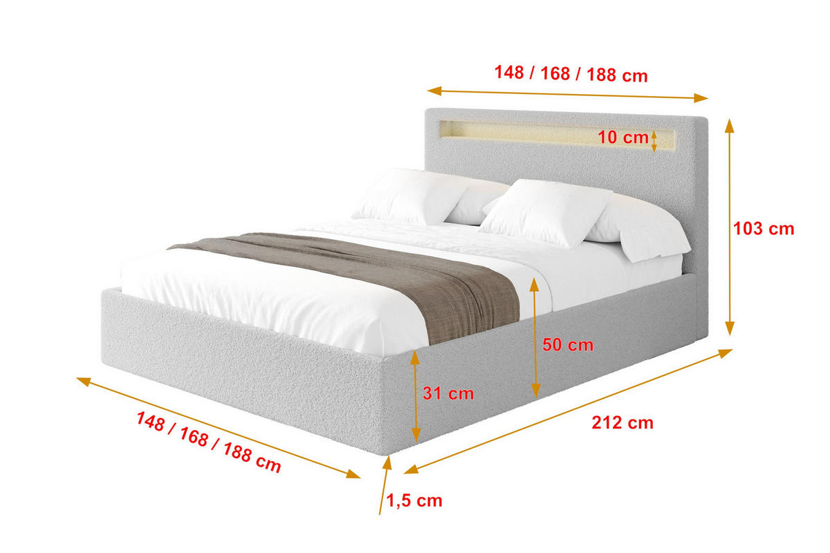 POLSTERBETT mit Bettkasten und Lattenrost, Boxbett ohne Matratze - GOLA 180x200 Hellgrau - Silberfarben, Holzwerkstoff/Textil (180/200cm) - ALTDECOR