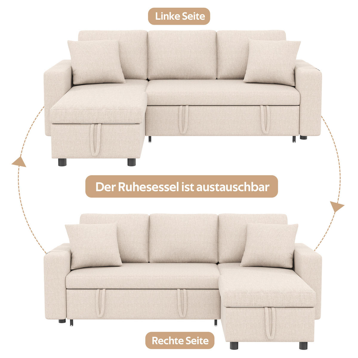 SCHLAFSOFA Leinen mit Stauraum und wechselbarer Chaiselongue Beige 219,5/142,5/83 cm - Beige, Textil (83/219.5/142.5cm) - Redom
