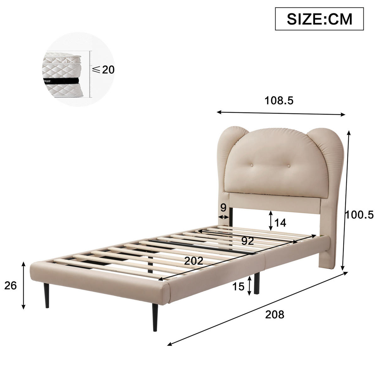 ČALOUNĚNÁ postel 90/200 cm, PU, béžová, s roztomilým zvířecím čelem - béžová, plast (90/200cm) - BEAOK