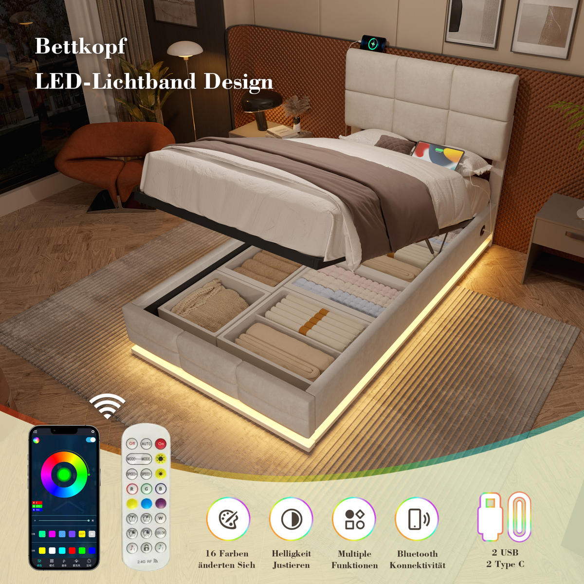 BETT mit Stauraum 90x200 cm Samt Beige - Beige, Metall (90/200cm) - Meubliv