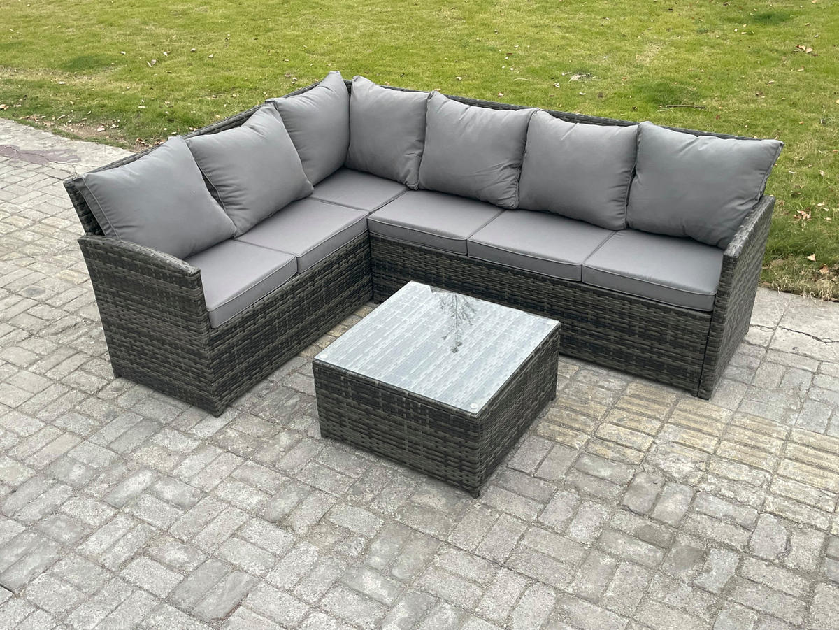GARTENGARNITUR mit Ecksof,Couchtisch Polyrattan Dunkelgrau 6-Sitzer - Dunkelgrau/Grau, Glas/Kunststoff - Fimous