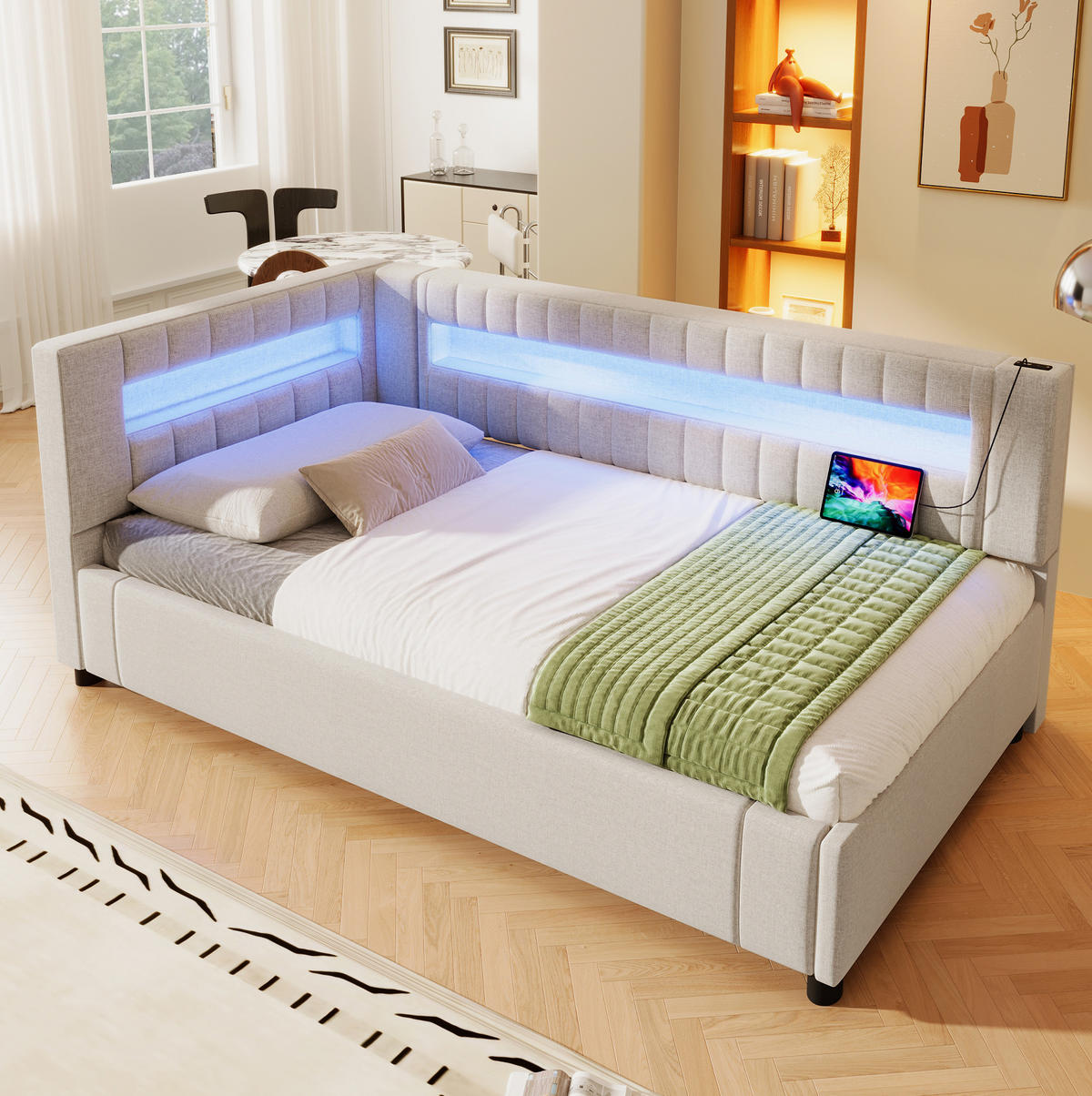 POLSTERBETT 90/200 cm mit LED-Beleuchtung, USB- und USB-C-Anschluss sowie hydraulischem Stauraum, Beige - Beige, Textil (90/200cm) - Redom