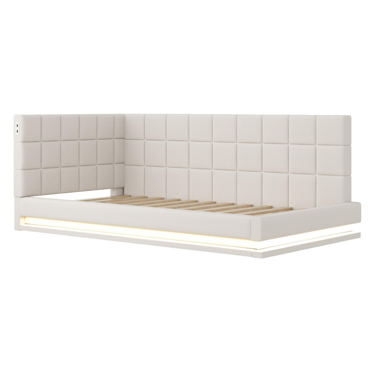 POLSTERBETT 90/200 cm aus Leinen mit LED-Lichtleiste und USB-Steckdose Beige - Beige, Textil (90/200cm) - Modenvie