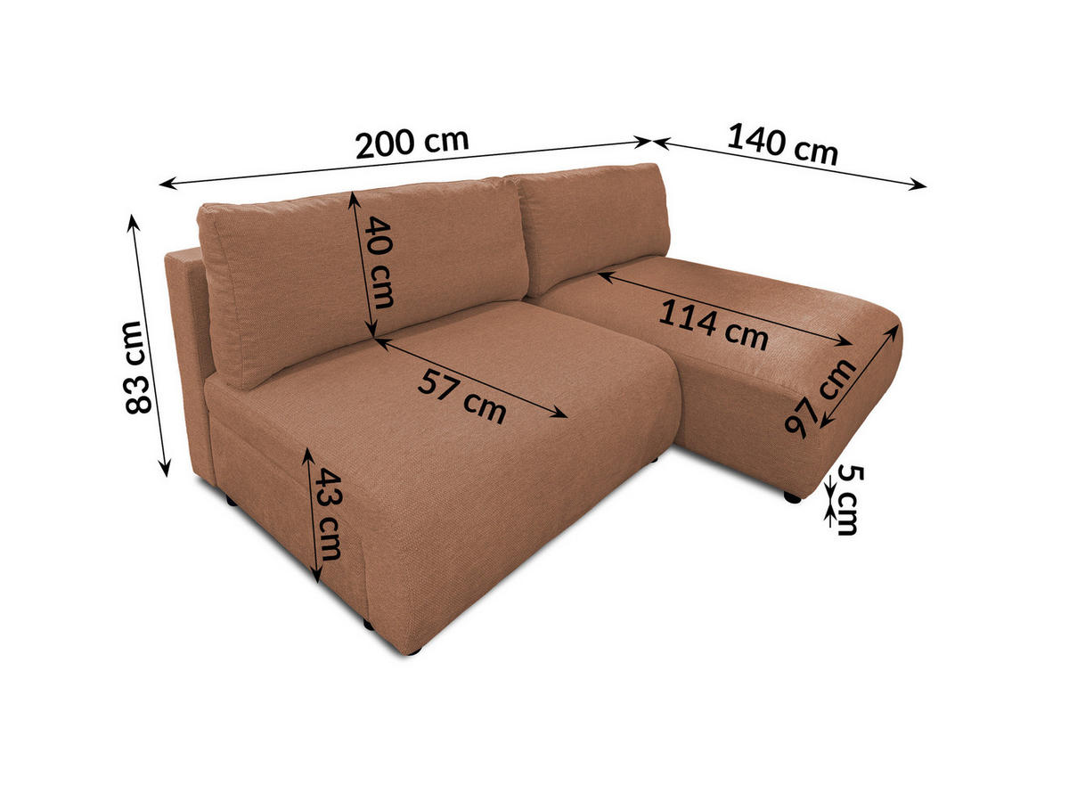 ECKSOFA Sora mit Schlaffunktion, Bettkasten und extra tiefer Komfortzone aus hochwertigem Terrakotta Strukturstoff - Terracotta/Schwarz, Holz/Kunststoff (200/140cm) - S-Style