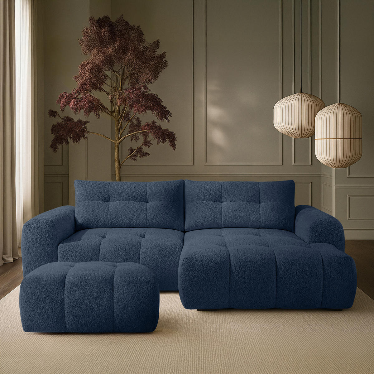 POUF RAVIA, Bouclé, Marineblau - Dunkelblau, Holz/Textil (96/45/50cm) - KONSIMO®