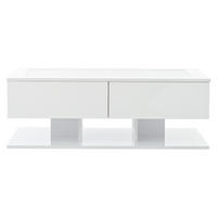 COUCHTISCH Weiß 100/50/35 cm mit Glasplatte, LED und Schubladen - Weiß, Holzwerkstoff (50/100/35cm) - PANGIVO