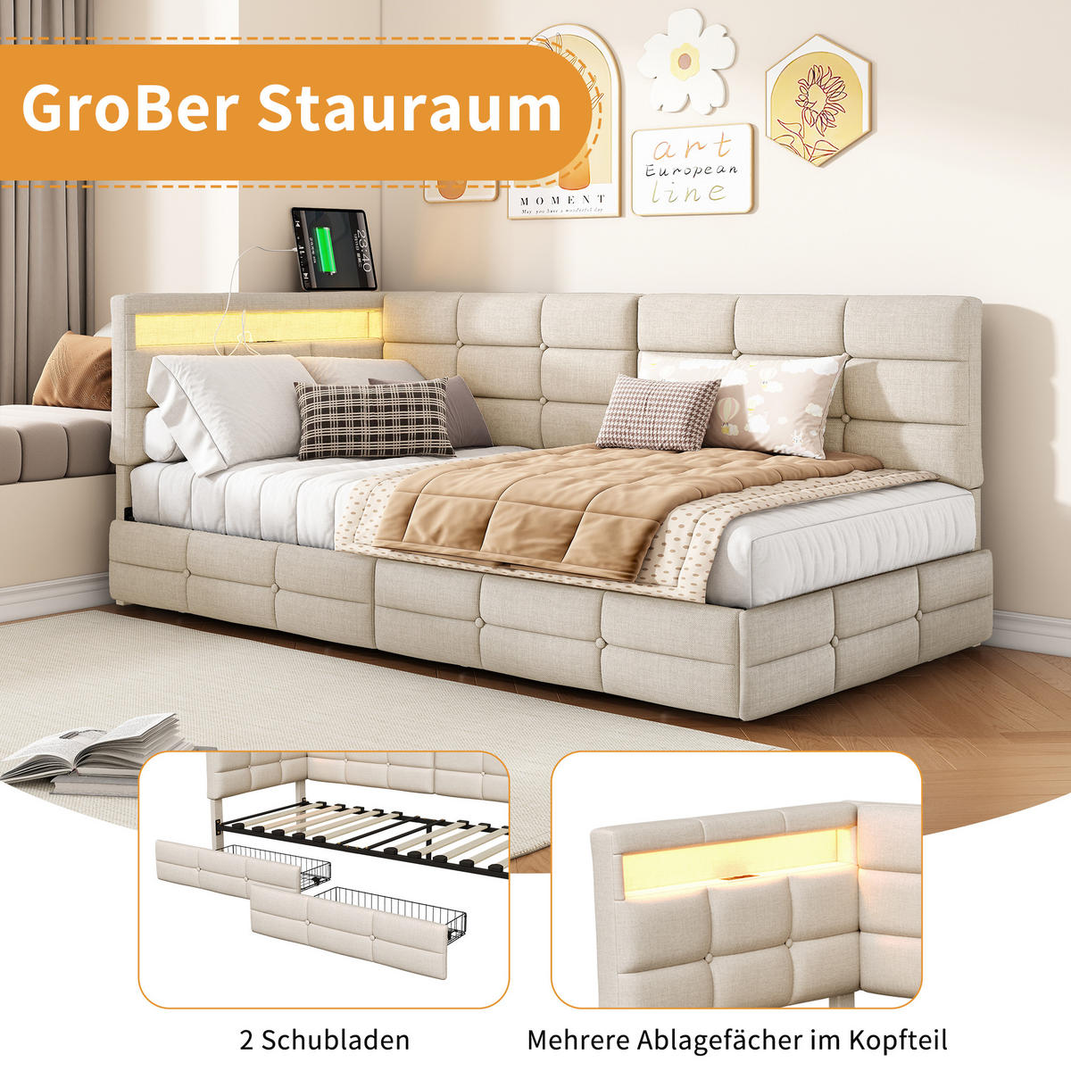 BETT 90x200 cm mit L-förmigem Kopfteil, 2 Schubladen, USB-Ladeanschluss, LED-Licht, Leinenstoff, Beige - Beige, Holz (90/200cm) - BRILVERDE