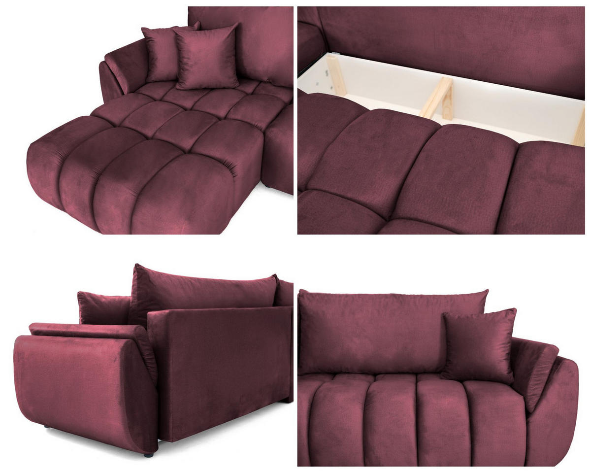 ECKSOFA Iris mit Schlaffunktion und Bettkasten, links oder rechts montierbar – Bordeaux Samt 280/184/85 cm - Bordeaux/Schwarz, Kunststoff/Textil (280/184cm) - WFL GROUP