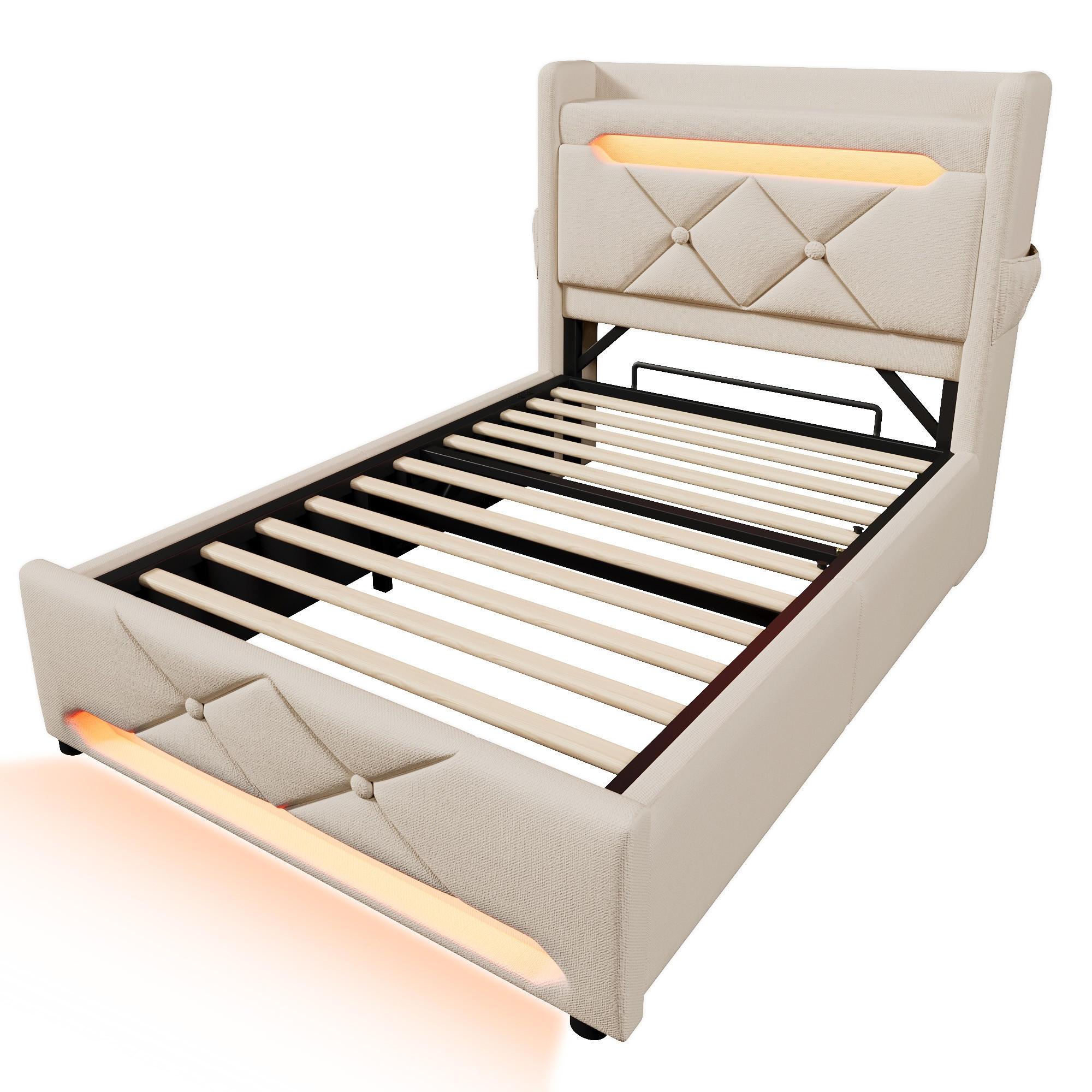 STAURAUMBETT 90/200 cm DE-00628, in Beige, Hydraulischem Bettkasten - Beige, Metall (90/200cm) - ComfortXL