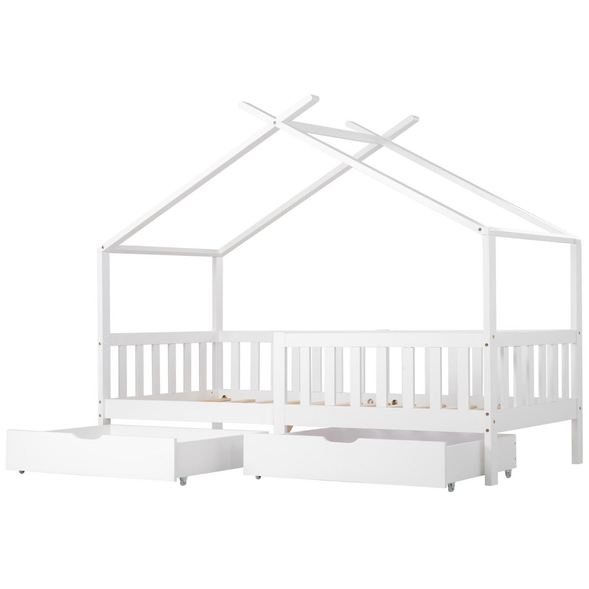 HAUSBETT aus Kiefer 90x200 cm Weiß mit 2 Schubladen, Zaun und Lattenrost - Weiß, Holzwerkstoff (90/200cm) - Modfu