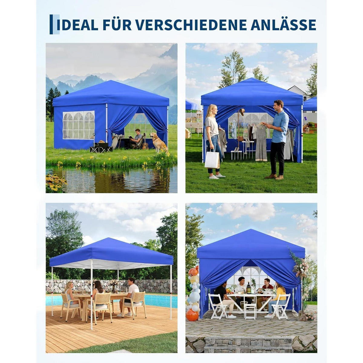 FALTPAVILLON 3 x 3 m wasserdicht mit 4 Seitenwänden Blau - Blau, Textil (300/260/300cm)