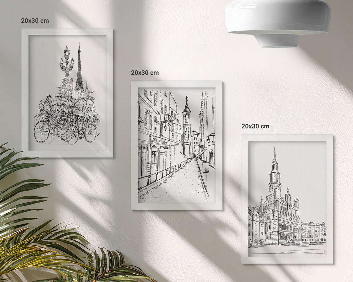 BILDER SET 3er Set - 20x30 cm Weißer Rahmen - Einfache Zeichnungen von Stadtlandschaften - Weiß, Kunststoff (20/30cm) - TULUP