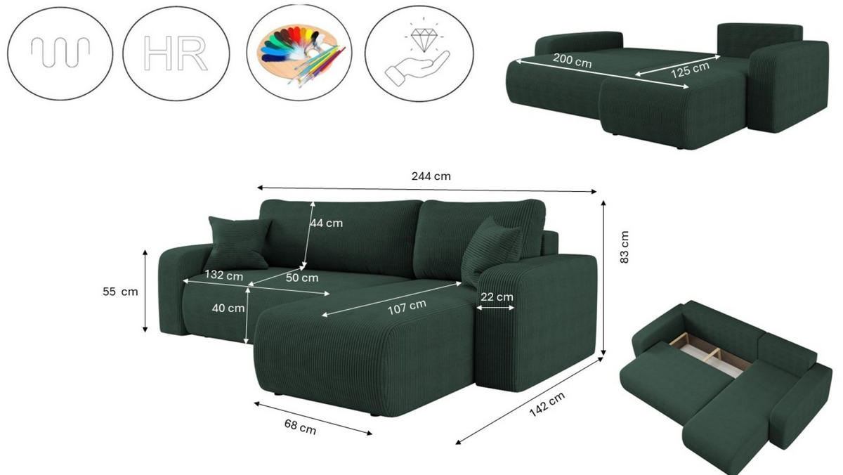 ECKSOFA L-FORM Schlaffunktion Und Bettkasten Eckcouch MILANO L Stoff Dicker Cord Grün Rechts - Grün, Holz/Textil (244/142cm) - Kaiser Möbel