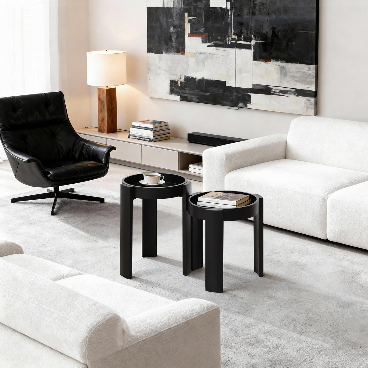 BEISTELLTISCH 2er Set, Ø42,5 x 56,5 cm & Ø42,5 x 47 cm - Schwarz, Holz (42.5/42.5/56.5cm)