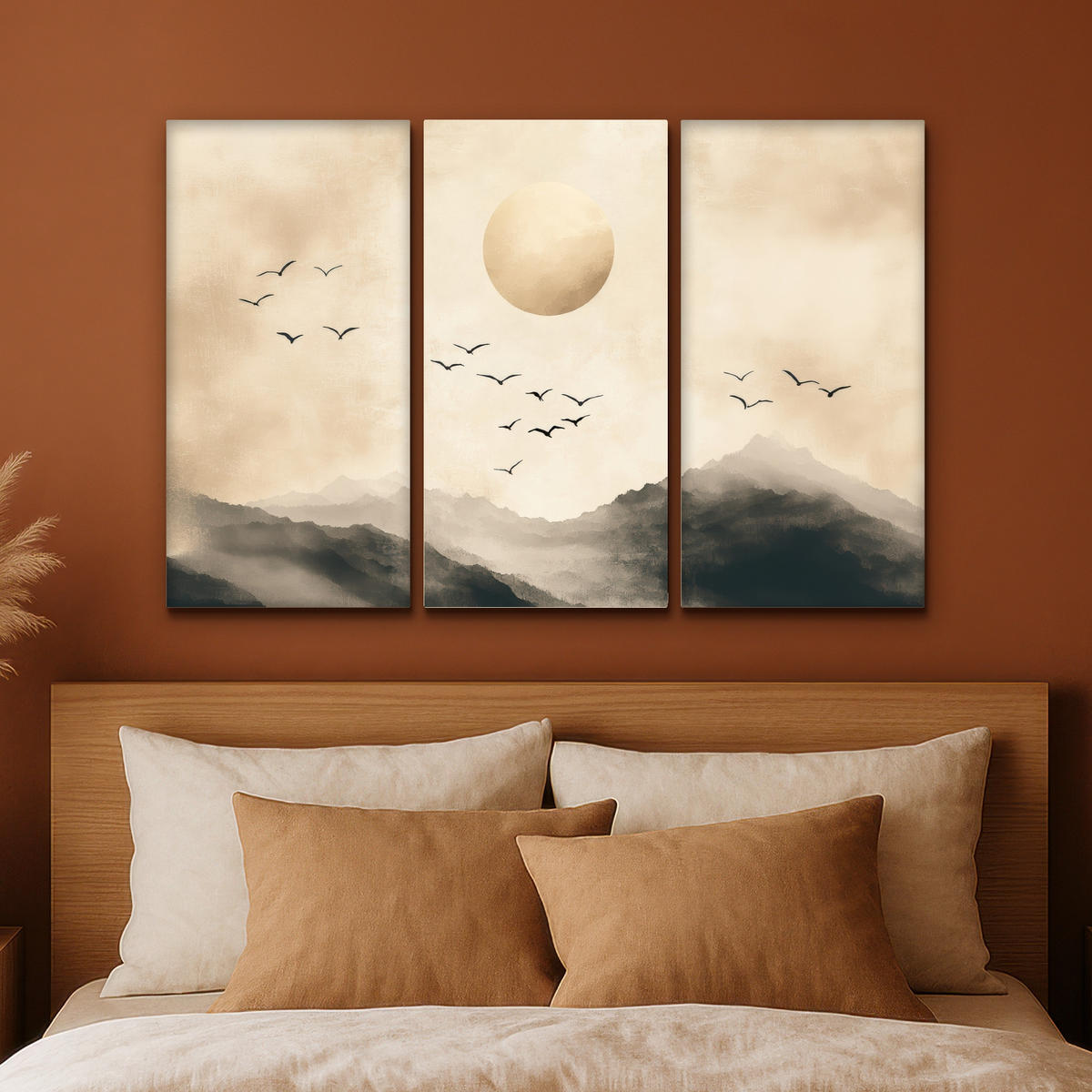 LEINWANDBILD 3er Set Landschaft - Japandi - Beige - Vögel 120x80 cm - Beige, Textil (120/80cm) - MuchoWow