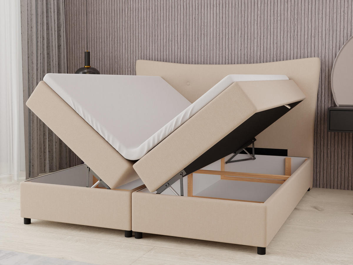 BOXBETT Nevada 180 x 200 cm Doppelbett mit hochwertiger Bonell-Matratze und Topper - beige - Beige, Holz (180/200cm) - Panda Möbel