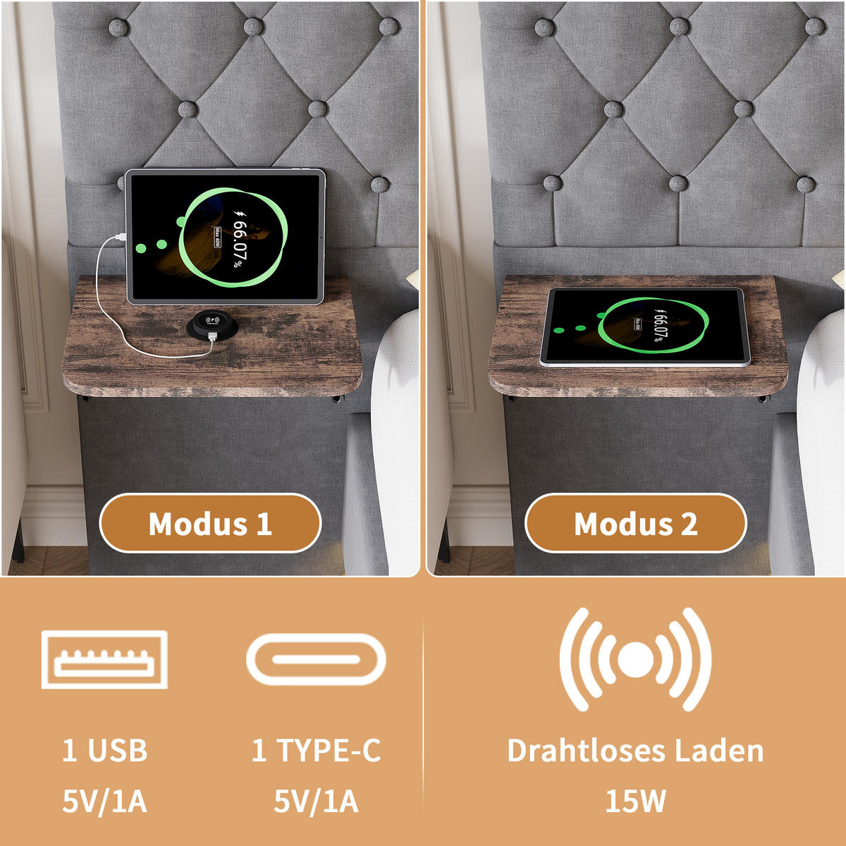 POLSTERBETT 160x200 cm Grau mit RGB-LED, Stauraum, USB-C & kabellosem Laden, Leinenbezug - Grau, Holz (160/200cm)