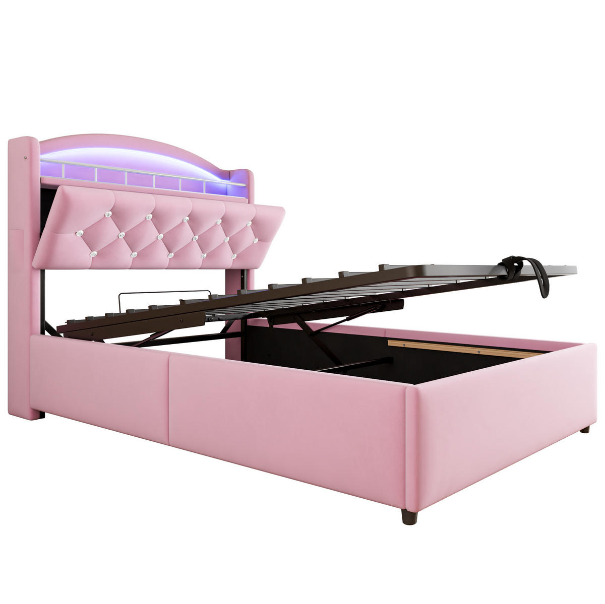 DJEČJI tapecirani krevet 90/200 cm ružičasti od tkanine s LED rasvjetom, USB priključcima i spremištem - pink, tekstil (90/200cm) - OKWISH
