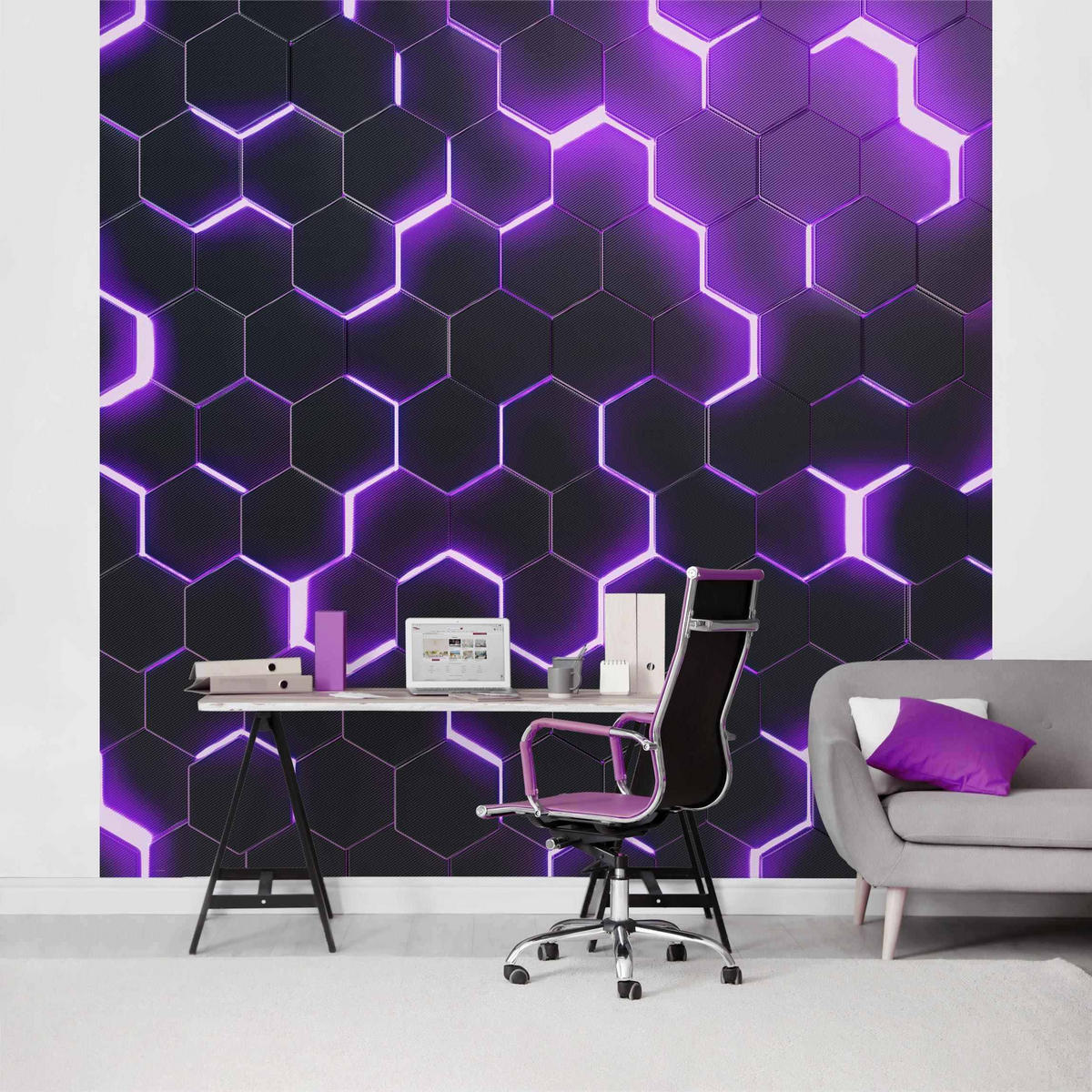 FOTOTAPETE Strukturierte Hexagone mit Neonlicht in Lila 288/288 cm - Schwarz, Papier (288/288cm) - Bilderwelten