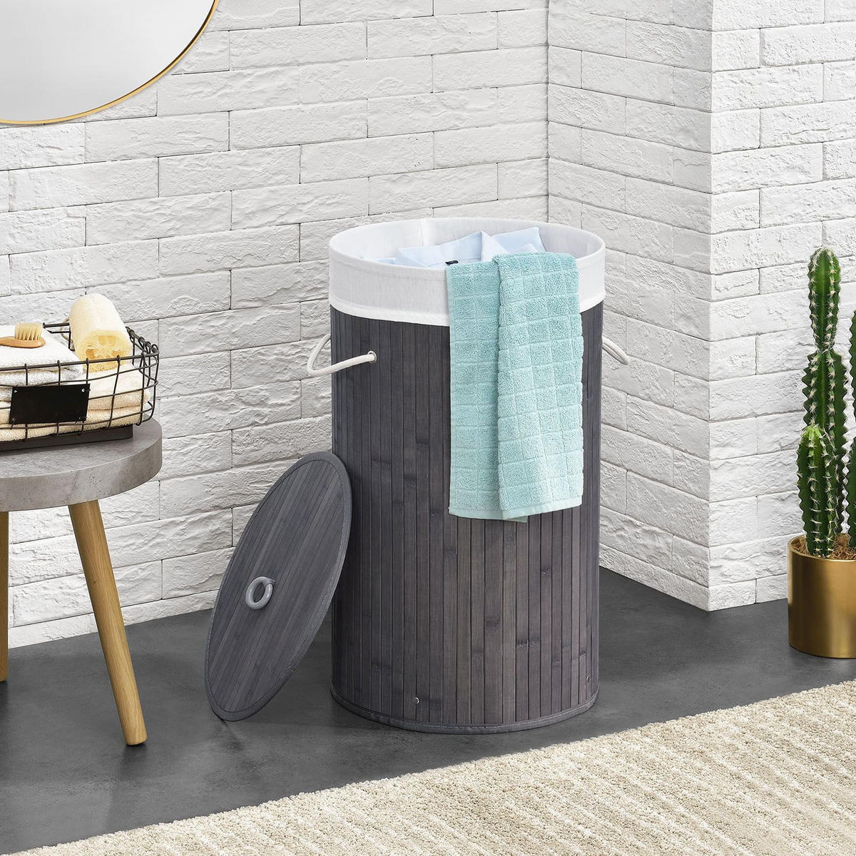 WÄSCHEKORB Curly-Round 55 L grau - Grau, Holz (35/60/35cm) - Juskys