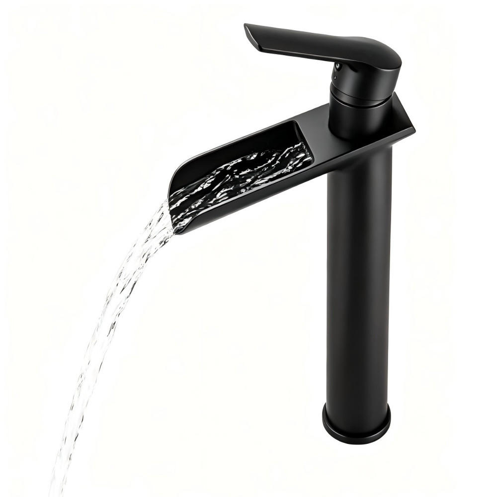 WASCHBECKENARMATUR mit Wasserfallauslauf, hohe Einhebelmischer, Messing schwarz matt - Schwarz, Metall (5/30/14cm) - TVTIUO