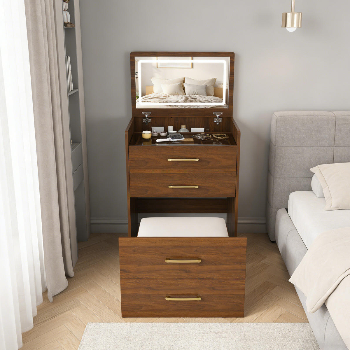 SCHMINKTISCH 40/60/118 cm mit aufklappbarem Spiegel, Glasplatte, 3-in-1-Funktion und Hocker, Walnuss - Weiß, Holzwerkstoff (60/118/40cm) - Redom