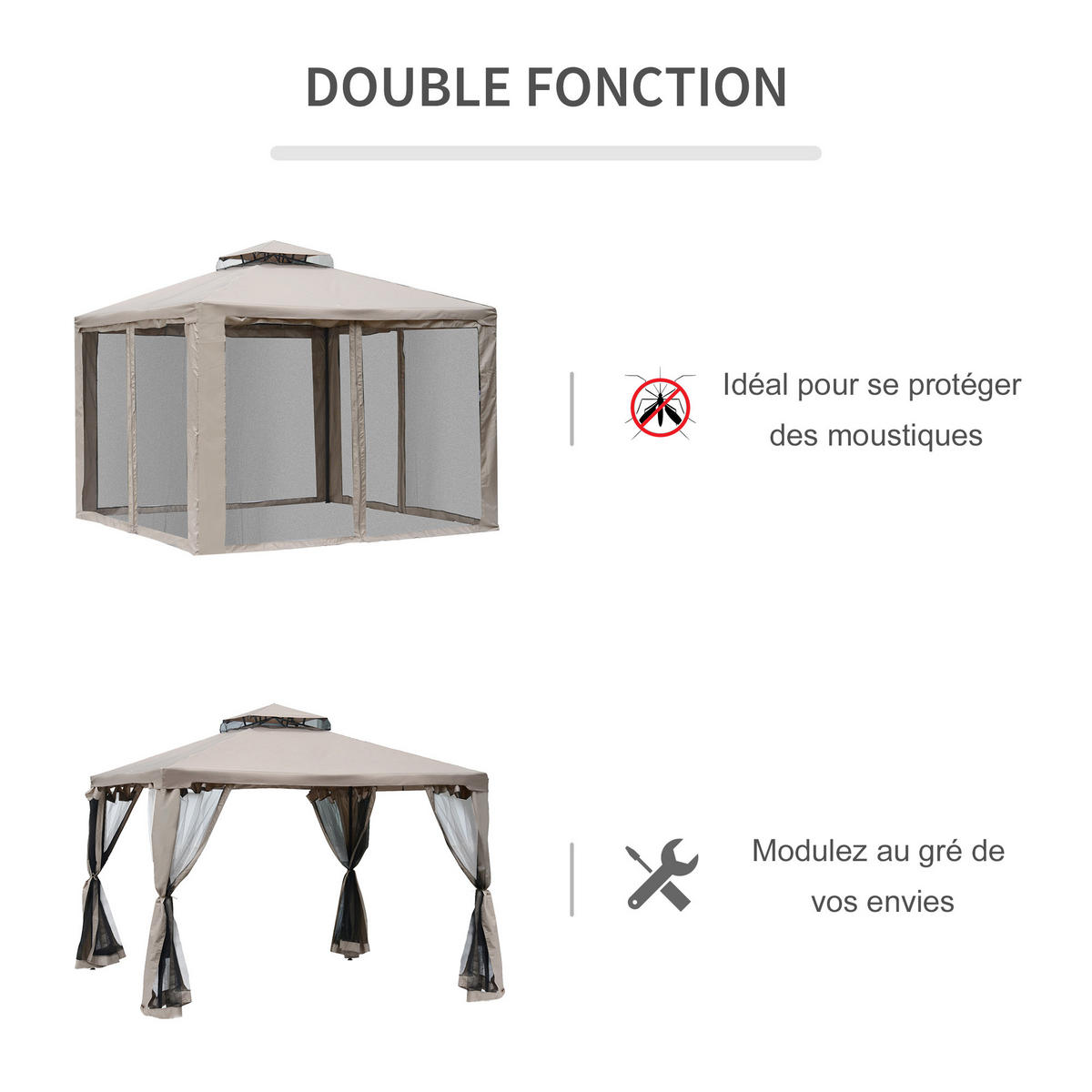 PAVILION DE-12549 3x3 m mit Doppeldach und Mückennetzen Grau - Grau, Metall (294/265/294cm) - ComfortXL