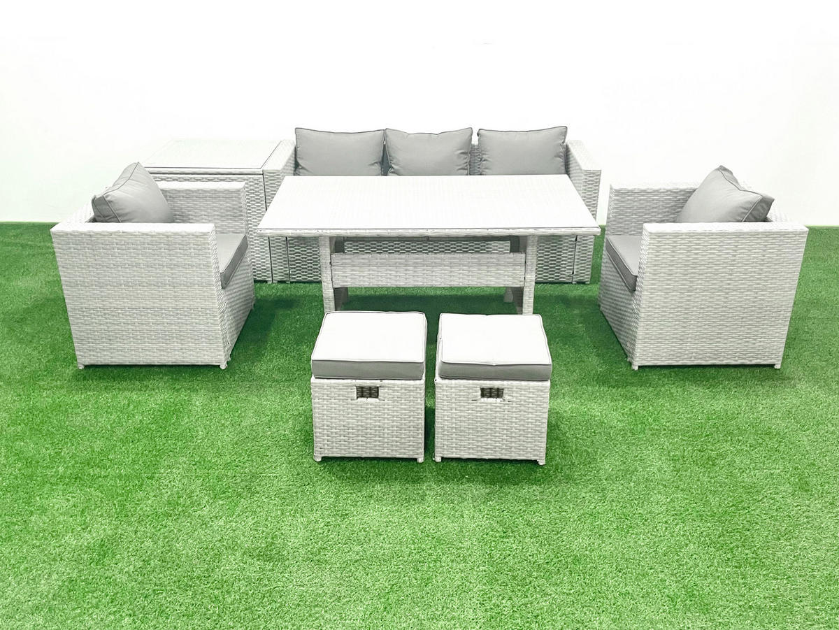 GARTENMÖBEL SET mit Sofa,2 Hockern,Beistelltisch Polyrattan Hellgrau 7-Sitzer - Hellgrau/Grau, Glas/Kunststoff - Fimous