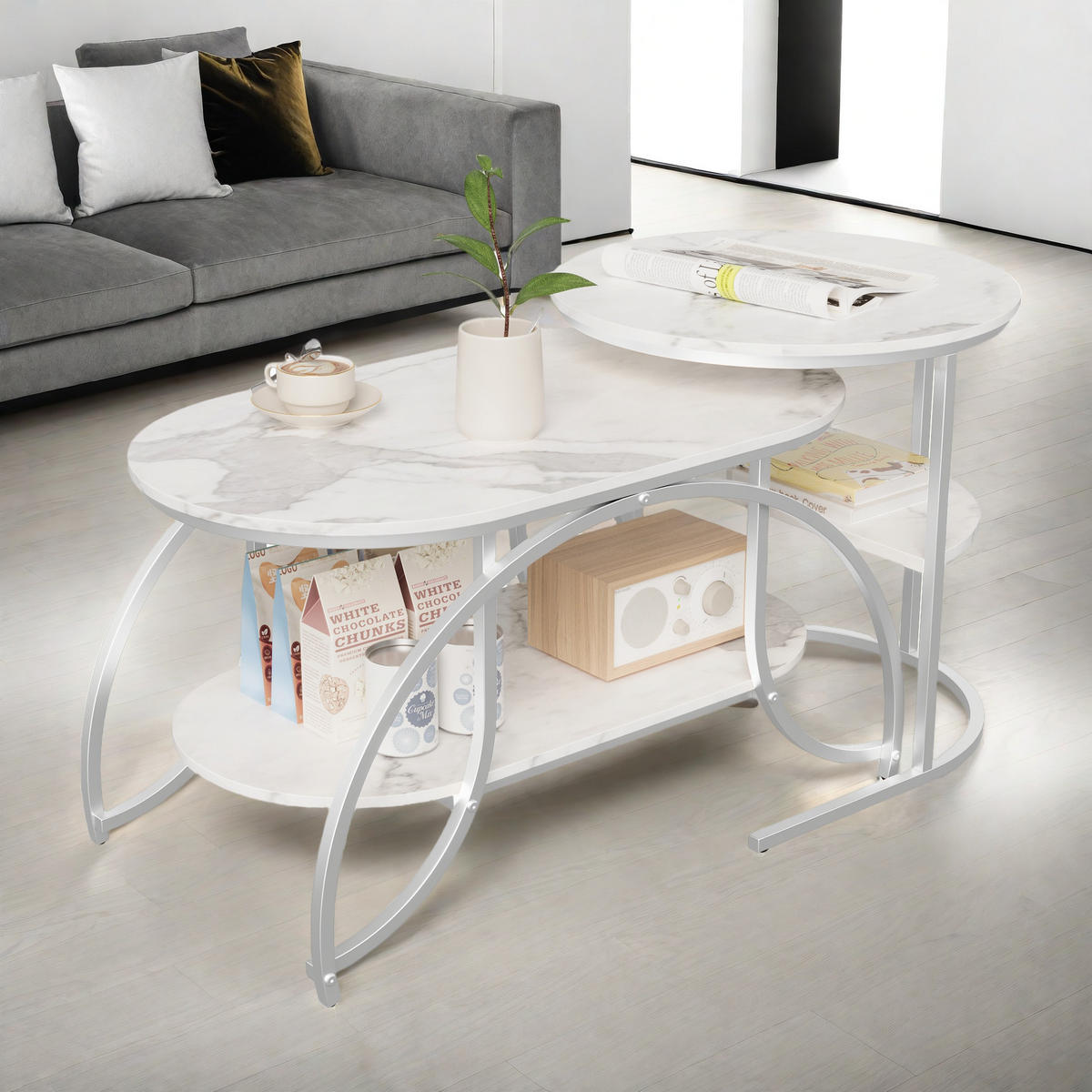 COUCHTISCH 2er Set Rund Marmor Metallbeine - Weiß, Metall (80/46/51cm) - SHOPENTRA