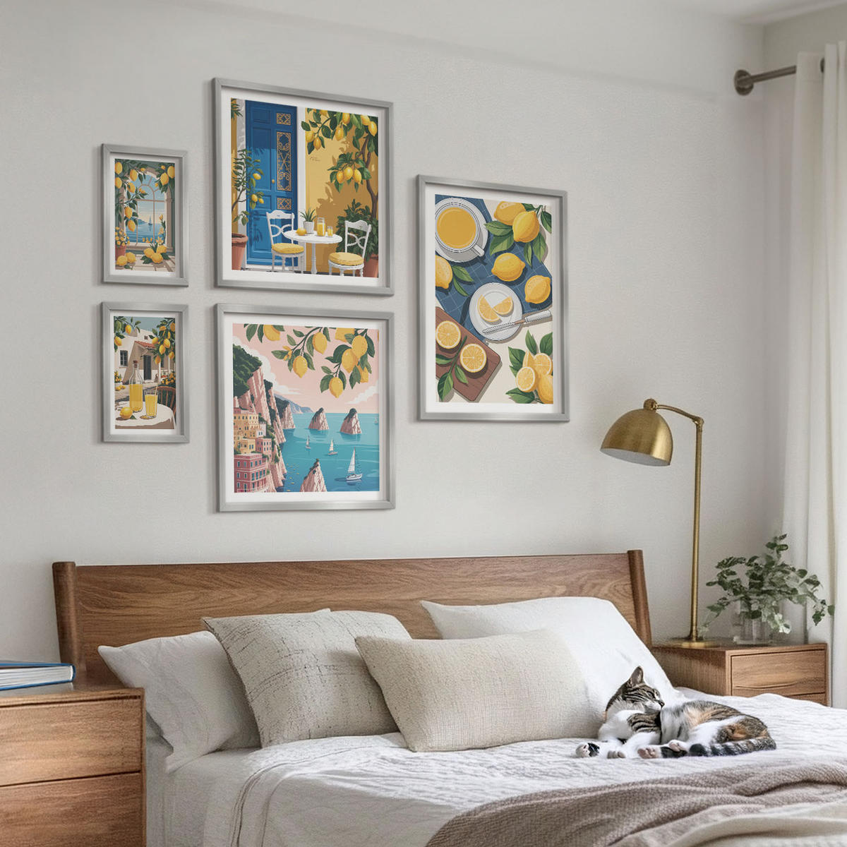 WANDBILDER 5er Set - 50x50 cm & 20x30 cm & 40x60 cm Silberner Rahmen - Berge, rosa Himmel, Wasser, Sukkulente - Silberfarben, Kunststoff (40/60cm) - ArtPrintCave