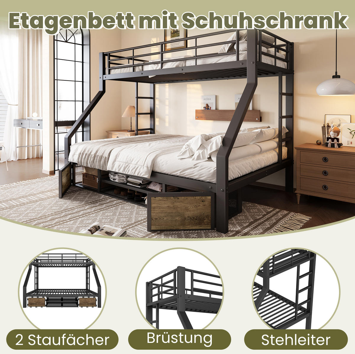 ETAGENBETT 90/200 & 140/200 cm aus Metall mit Schuhschrank und Staufächern Schwarz - Schwarz, Metall (90/200cm) - Modenvie