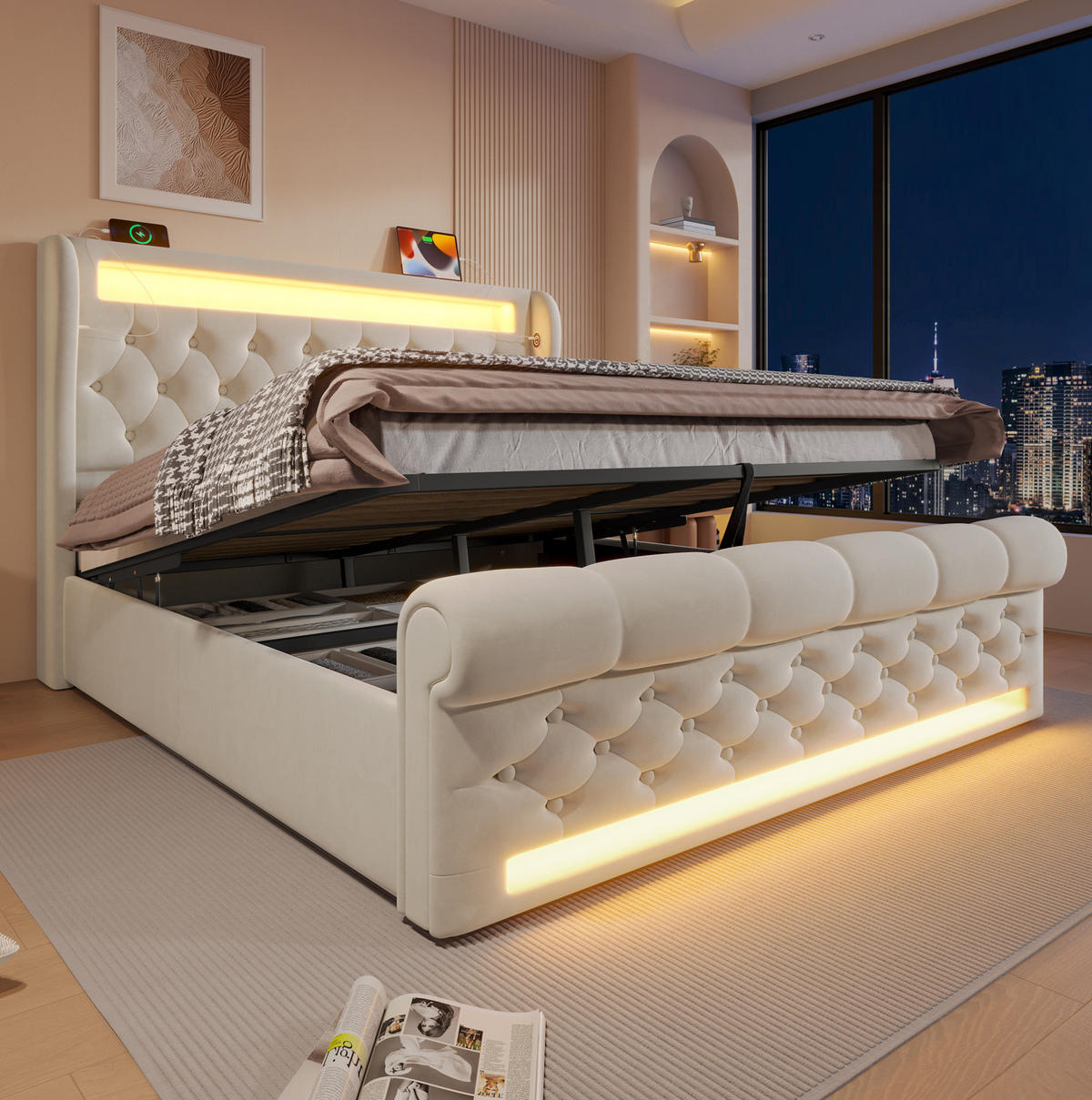 BETT mit LED und Stauraum 140x200 cm Samt Beige - Beige, Metall (140/200cm) - Meubliv