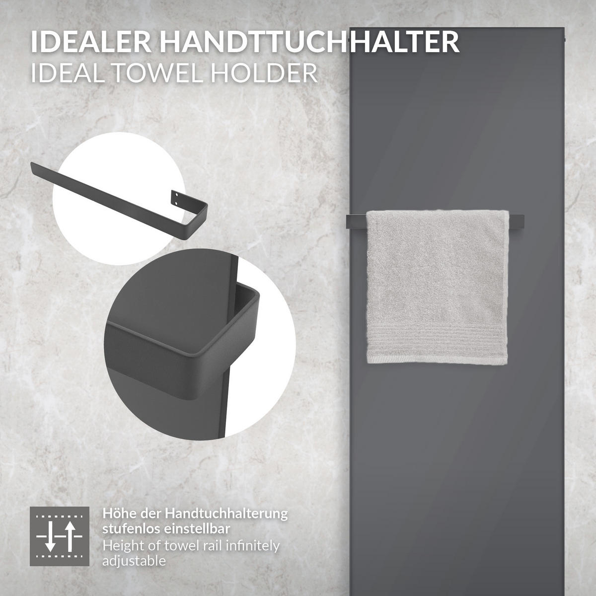 HANDTUCHHALTER 50 cm aus Stahl Anthrazit Wandmontage für Bad & Küche - Grau, Metall (10/4/50cm) - LuxeBath