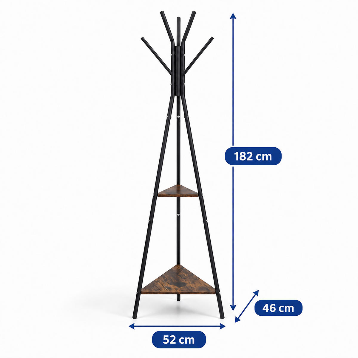 VĚŠÁK Vintage hnědá Černá 6-háčků 2-police - různobarevná, kov/kompozitní dřevo (52/182/46cm) - Relaxdays