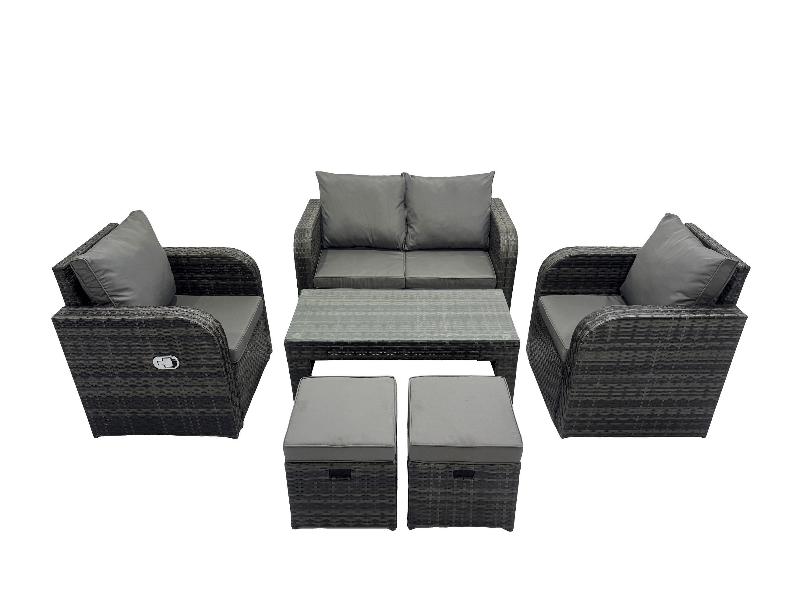 GARTENMÖBEL SET mit Sofa Polyrattan 6-Sitzer Dunkelgrau - Dunkelgrau/Grau, Glas/Kunststoff - Fimous