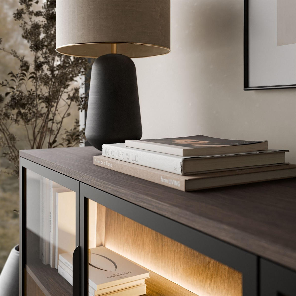 SIDEBOARD LINEA LOFT mit Glasfronten und LED-Beleuchtung Eiche + Schwarz - Eichefarben, Holzwerkstoff (181/83/39cm) - Lookway