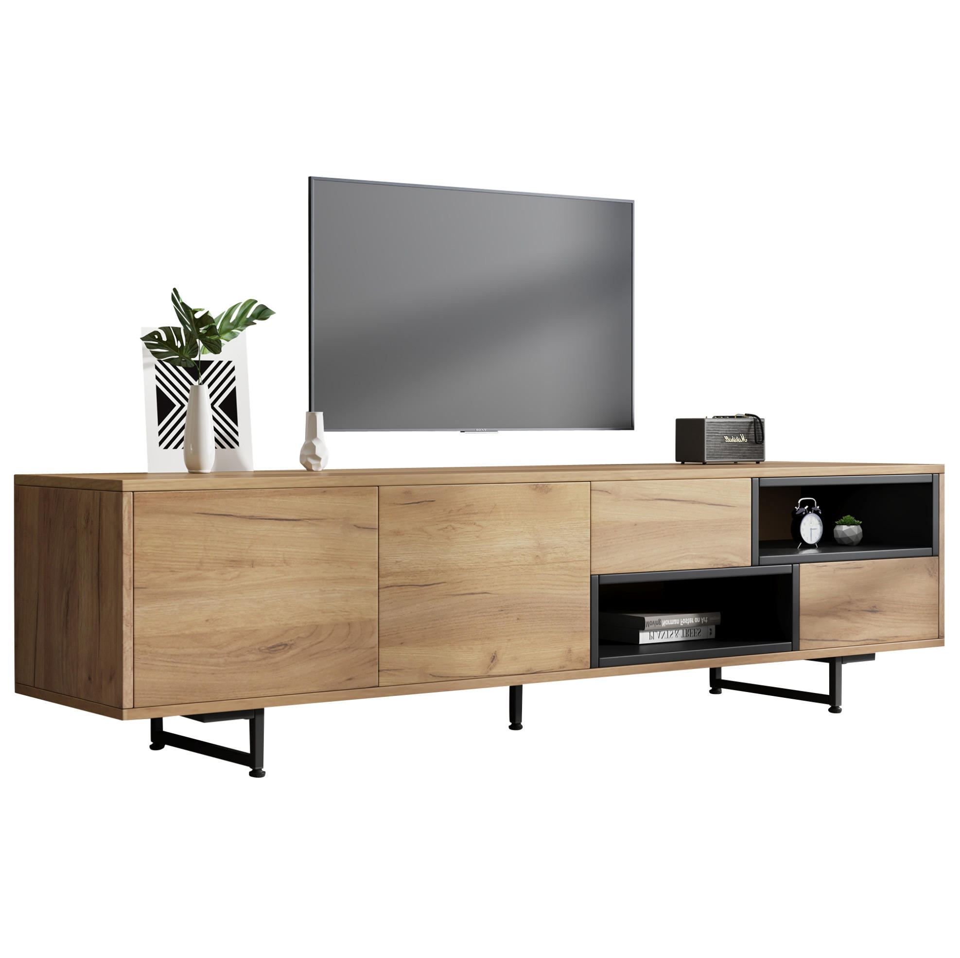 Redom TV stolek 173/38/48 cm s otevřenými policemi, dvířky a kabelovým vedením, Dřevěná