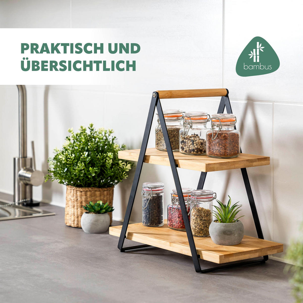ETAGERE, Metall, Bambus - Schwarz, Holz (2/32cm) - eluno
