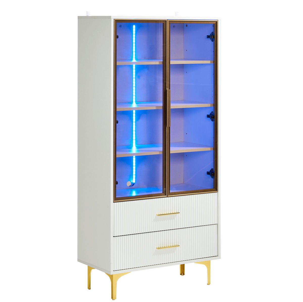 HIGHBOARD 70/35/150 cm in Weiß mit LED-Beleuchtung und 2 Schubladen - Weiß, Holzwerkstoff (70/150/35cm) - Flora Grace
