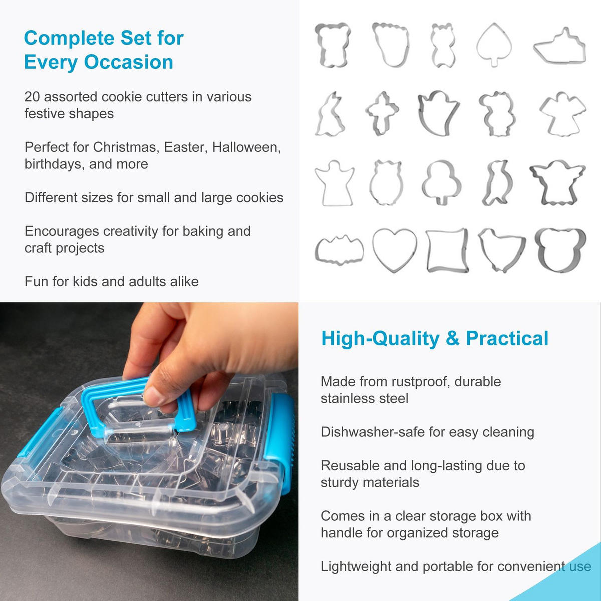 KEKSAUSSTECHER-SET mit praktischer Aufbewahrungsbox (20-tlg.) - Silberfarben, Metall (15/6.6/19.5cm) - Intirilife