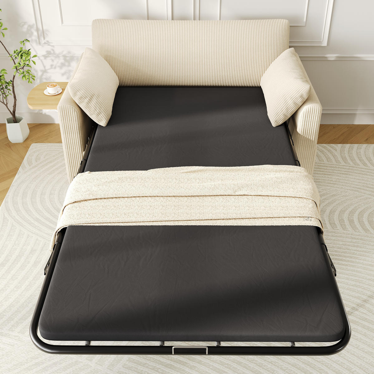 SCHLAFSOFA 134/82/84 cm Beige mit USB‑Ladeanschluss, klappbarem Seitentisch, Matratze, 2 Bettlaken und 2 Kissen - Beige, Textil (134/84/82cm) - Oxeza
